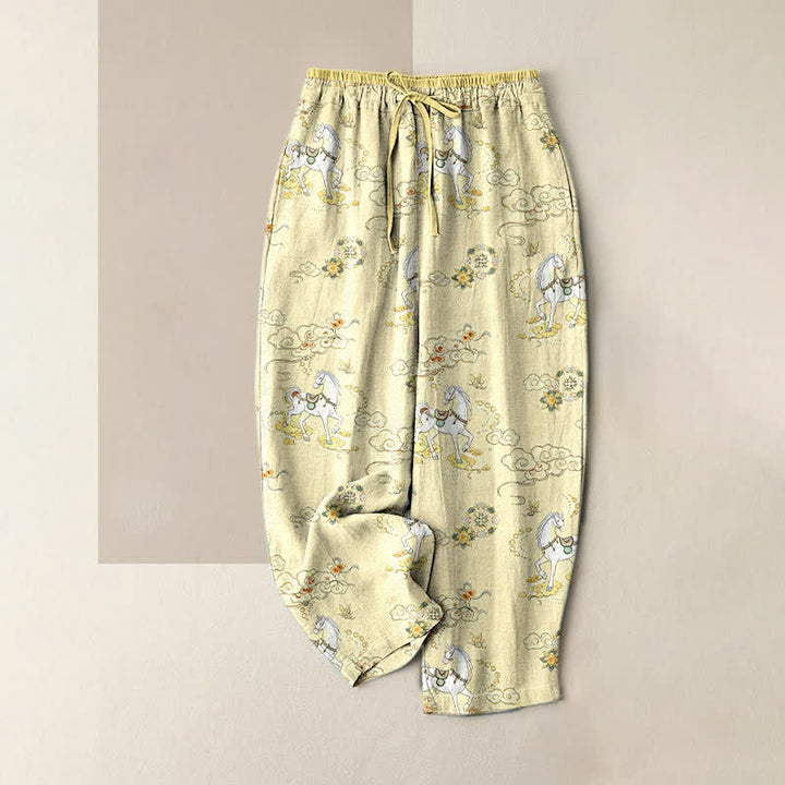 Buddha Stones Pantaloni da donna in puro cotone con elastico in vita e tasche, fantasia floreale equestre a nuvole. - Seta di mais - US16, UK/AU20, EU48 (3XL) - image 3
