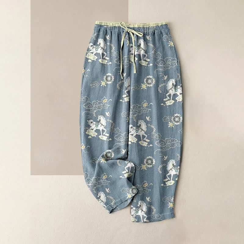 Buddha Stones Pantaloni da donna in puro cotone con elastico in vita e tasche, fantasia floreale equestre a nuvole. - SteelBlue - US16, UK/AU20, EU48 (3XL) - image 4