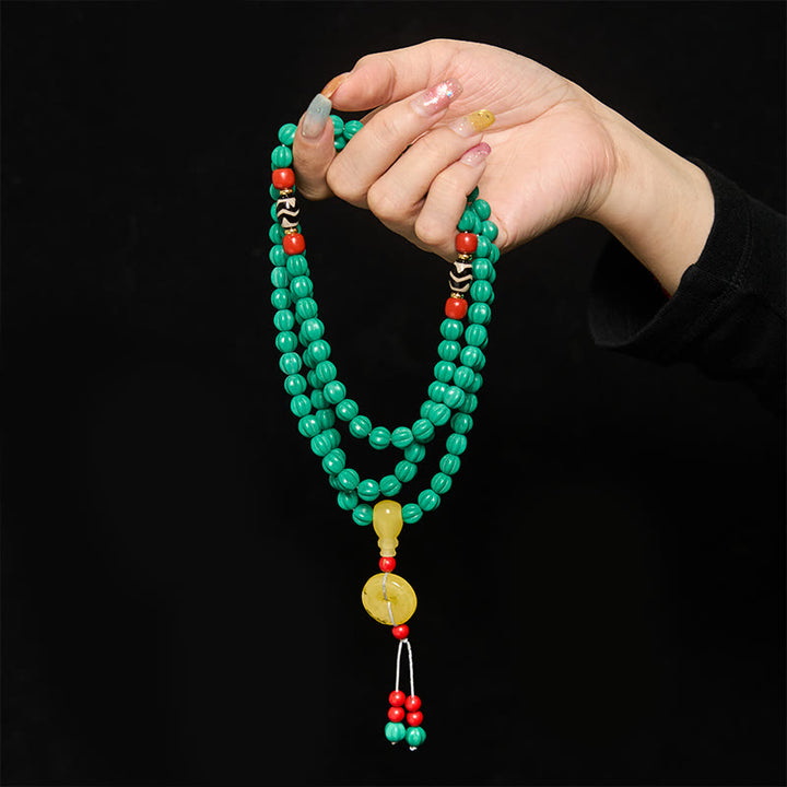 Buddha Stones Mala tibetano di 108 perle turchesi a forma di zucca, perle Dzi per il pensiero positivo - image 3