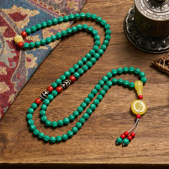 Buddha Stones Mala tibetano di 108 perle turchesi a forma di zucca, perle Dzi per il pensiero positivo - image 2