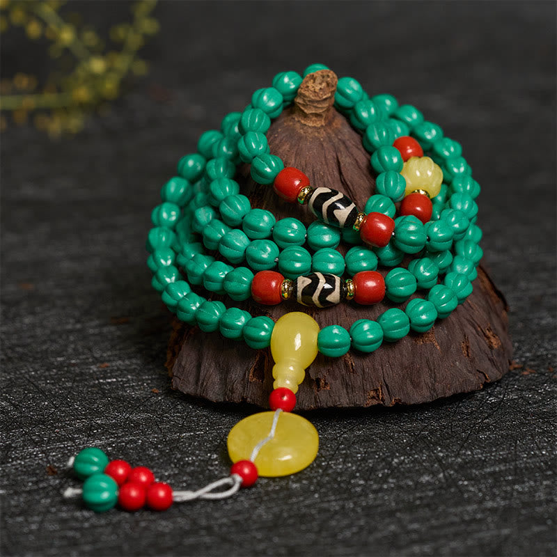 Buddha Stones Mala tibetano di 108 perle turchesi a forma di zucca, perle Dzi per il pensiero positivo - image 1