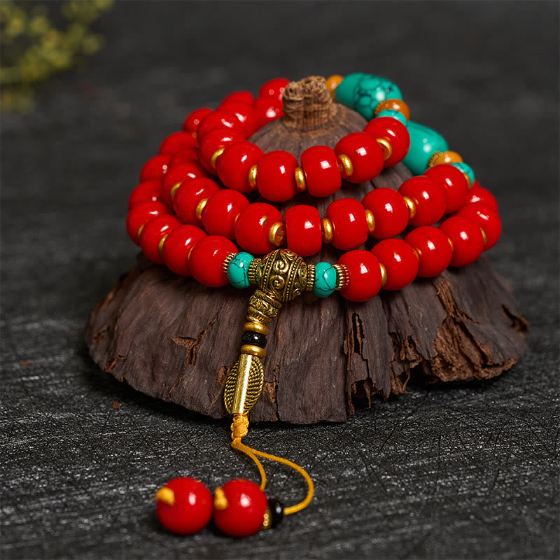 Buddha Stones Braccialetto con perline di turchese e agata rossa tibetana, simbolo di fiducia in sé stessi. - Agata rossa - image 0