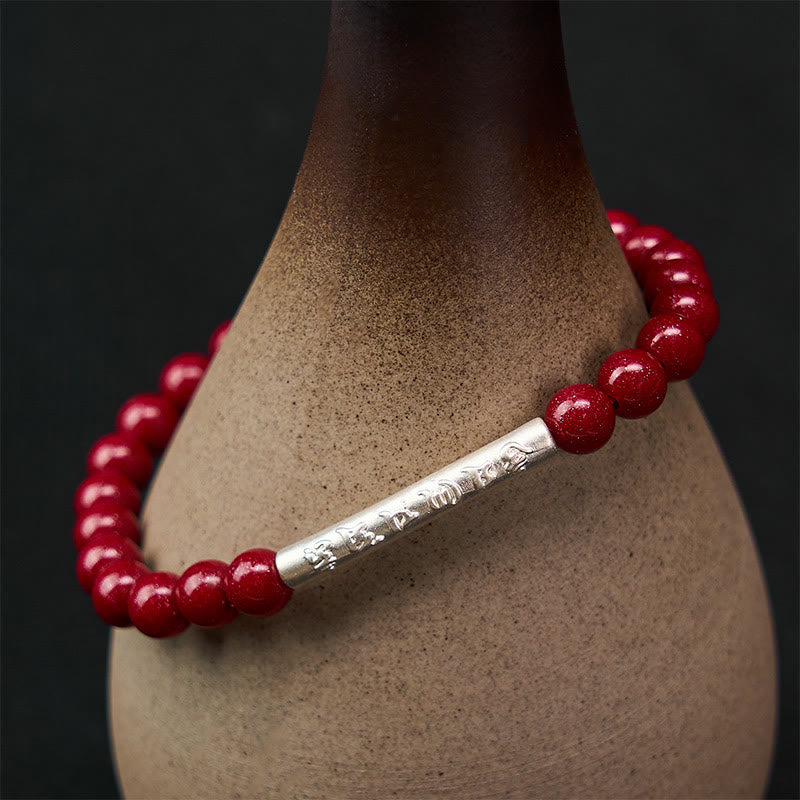 Buddha Stones Braccialetto della saggezza Om Mani Padme Hum in argento sterling 999 color cinabro - image 11
