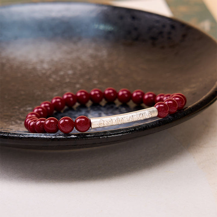 Buddha Stones Braccialetto della saggezza Om Mani Padme Hum in argento sterling 999 color cinabro - image 14
