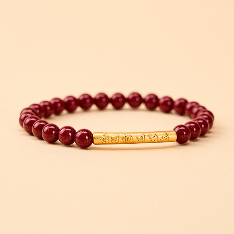 Buddha Stones Braccialetto della saggezza Om Mani Padme Hum in argento sterling 999 color cinabro - Cinabro Oro (Circonferenza del polso: 14–15 cm) - image 0