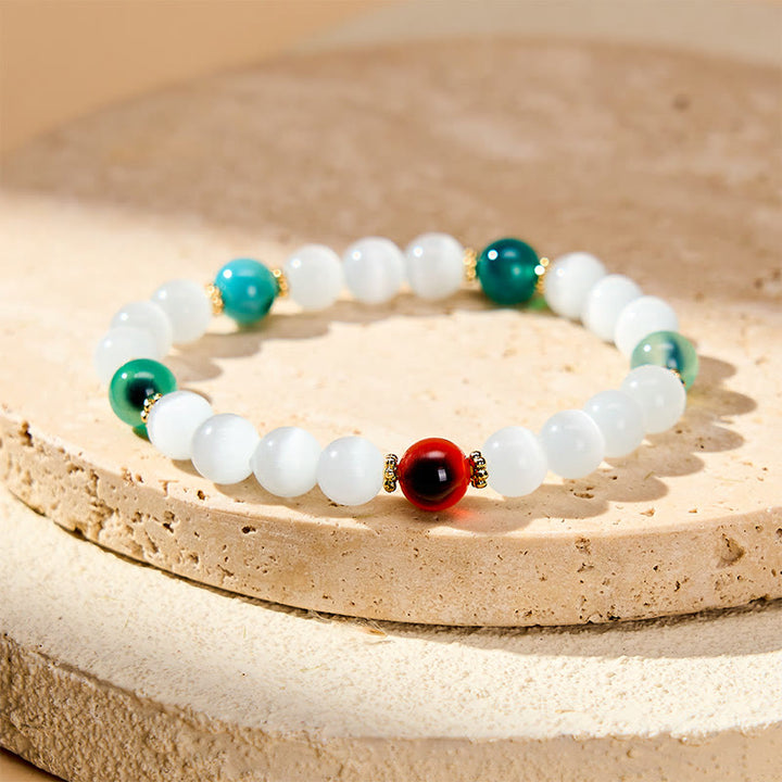 Buddha Stones Braccialetto dell'abbondanza con agata colorata occhio di gatto bianco - Anello in agata Candy con occhio di gatto bianco e venature distanziate (circonferenza del polso 15-16 cm) - image 8