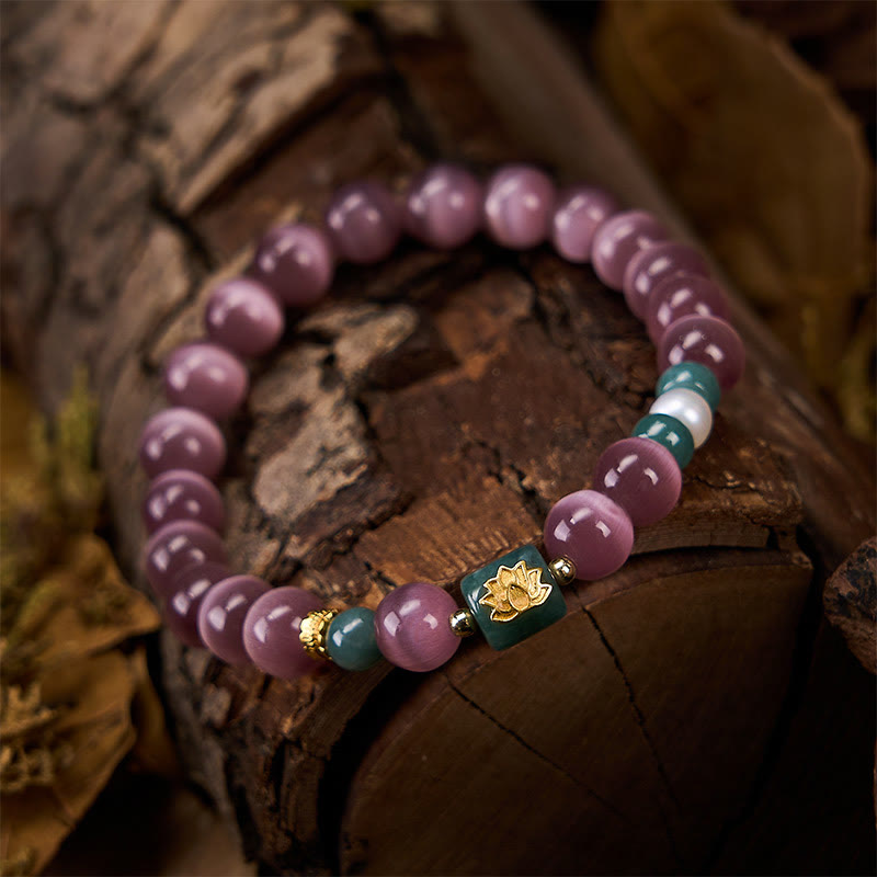 Buddha Stones Braccialetto con simbolo dell'illuminazione e occhio di gatto viola e loto - image 4