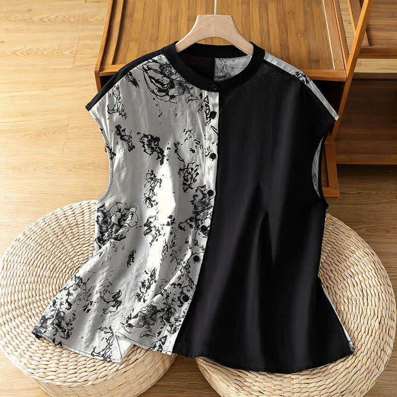 Buddha Stones Camicetta estiva minimalista da donna senza maniche con colletto alla coreana, asimmetrica e stampa floreale. - Bianco - US12, UK/AU16, EU44 (2XL) - image 0
