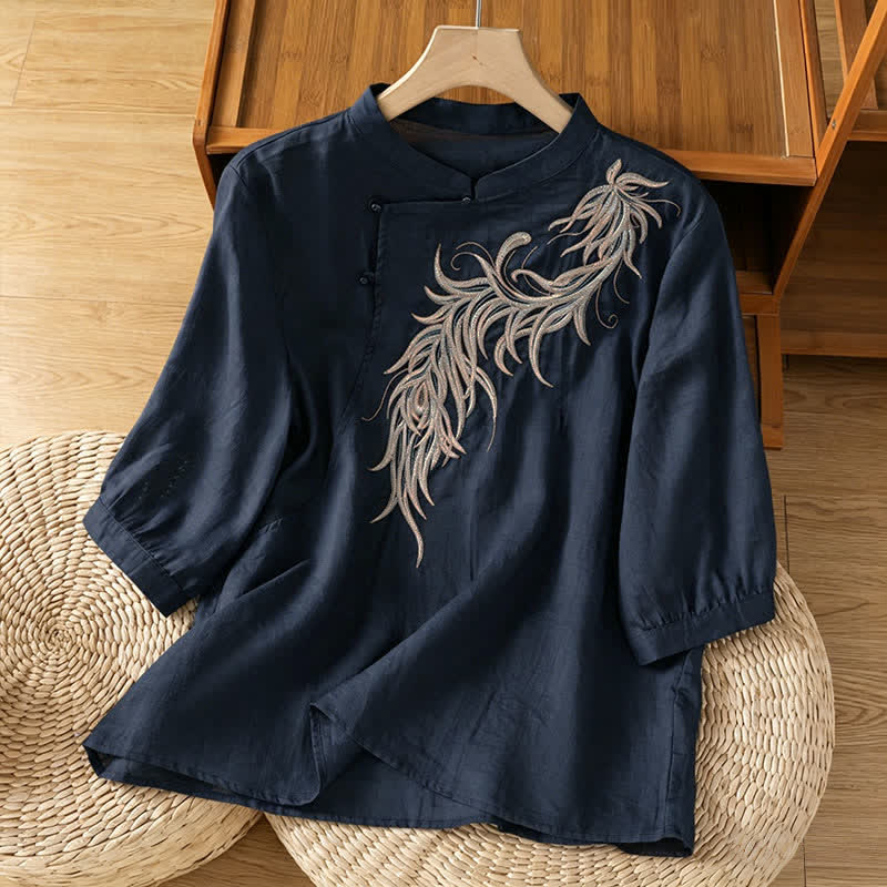 Buddha Stones Camicia da donna a maniche corte, tinta unita, con colletto alla coreana e ricami di piume, stile vintage primaverile. - Blu mezzanotte - US8-10, UK/AU12-14, EU40-42 (2XL) - image 0