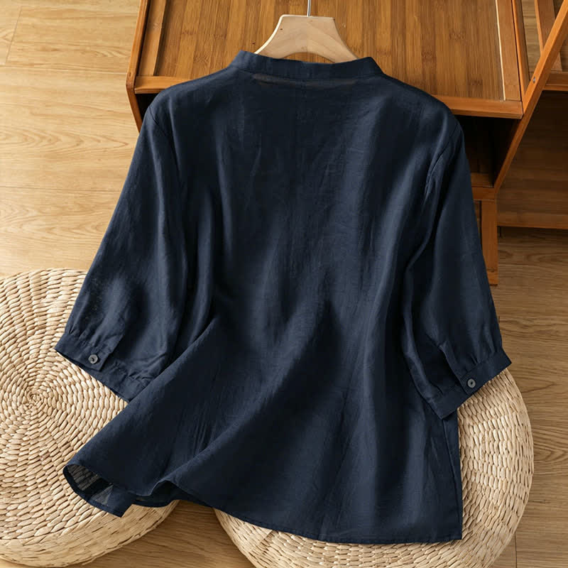 Buddha Stones Camicia da donna a maniche corte, tinta unita, con colletto alla coreana e ricami di piume, stile vintage primaverile. - image 1