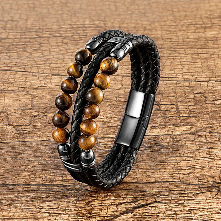 Bracciale in pelle con perle di lapislazzuli, occhio di tigre, ematite, pietra lavica, onice nero e Buddha Stones. - Occhio di tigre - 18-22 cm - image 7