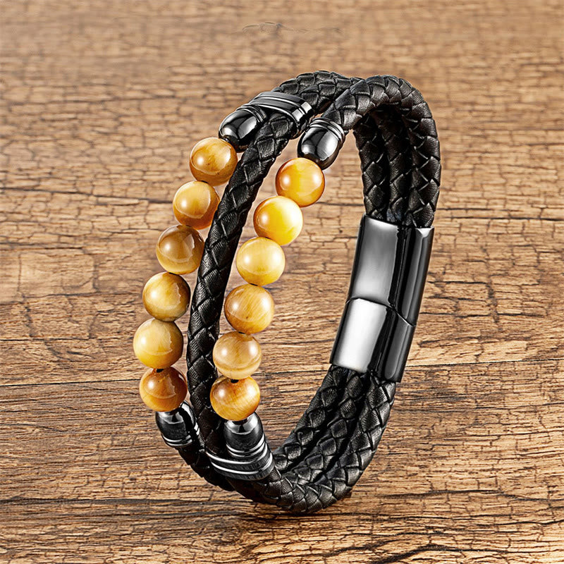Bracciale in pelle con perle di lapislazzuli, occhio di tigre, ematite, pietra lavica, onice nero e Buddha Stones. - Occhio di tigre giallo - 18-22 cm - image 2