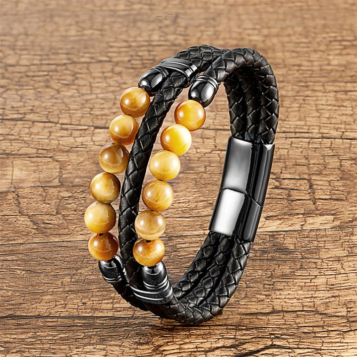 Bracciale in pelle con perle di lapislazzuli, occhio di tigre, ematite, pietra lavica, onice nero e Buddha Stones. - Occhio di tigre giallo - 18-22 cm - image 2