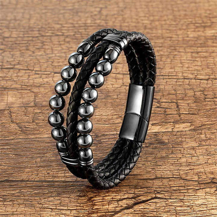 Bracciale in pelle con perle di lapislazzuli, occhio di tigre, ematite, pietra lavica, onice nero e Buddha Stones. - Ematite - 18-22 cm - image 5