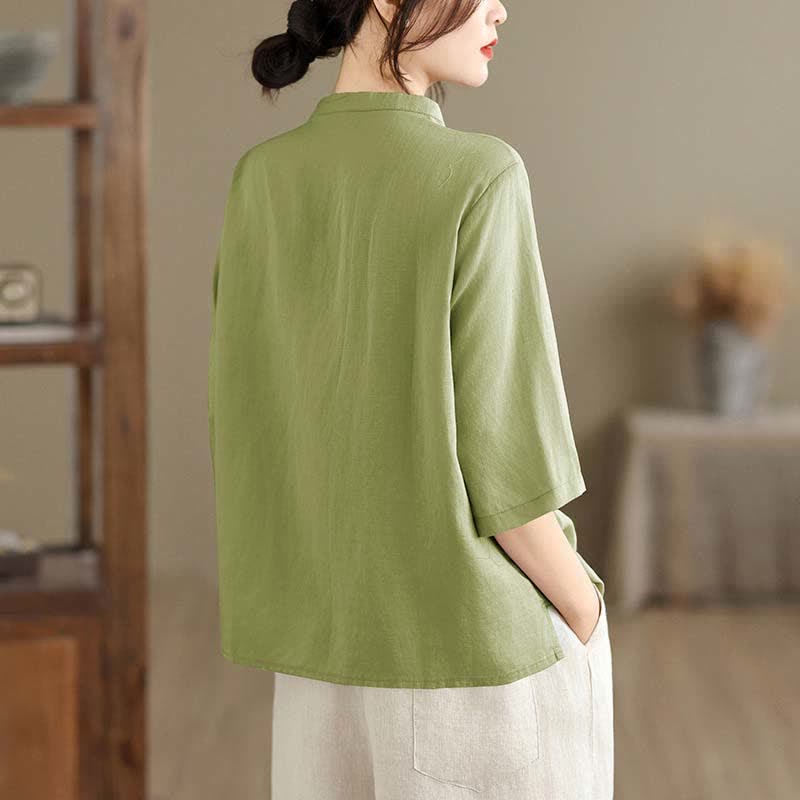 Buddha Stones Camicia da donna estiva minimalista a maniche corte con colletto alla coreana, spacco laterale e colletto alla coreana, con bottoni e design a tinta unita. - image 1