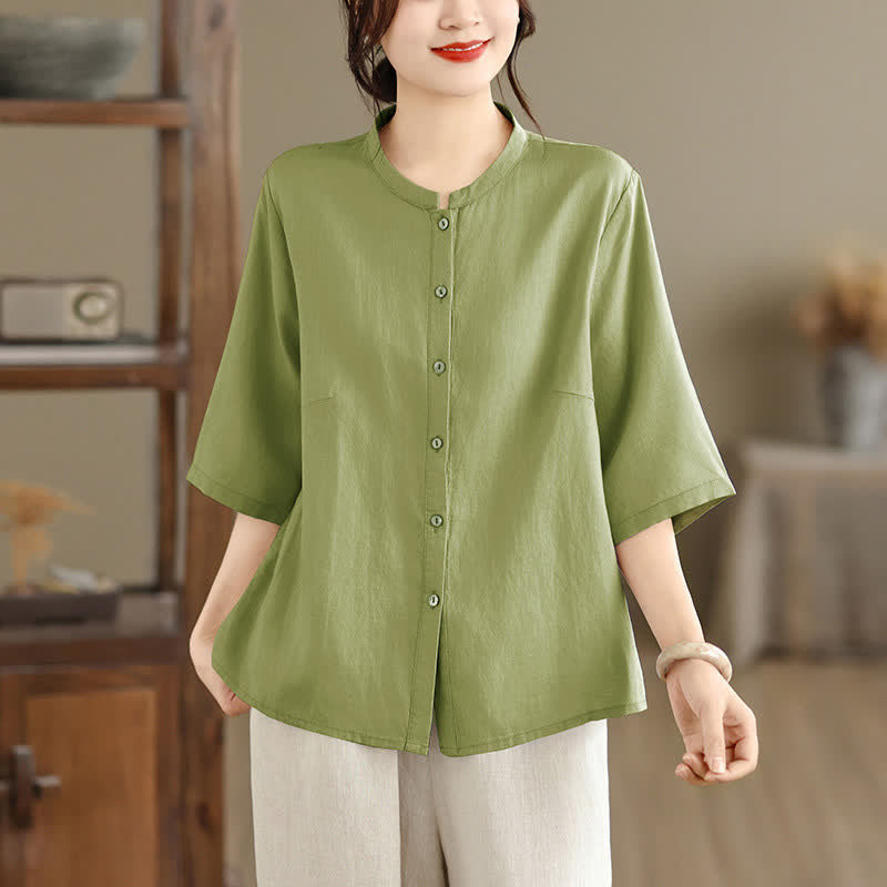 Buddha Stones Camicia da donna estiva minimalista a maniche corte con colletto alla coreana, spacco laterale e colletto alla coreana, con bottoni e design a tinta unita. - Verde Mare Scuro - US8-10, UK/AU12-14, EU40-42 (2XL) - image 0