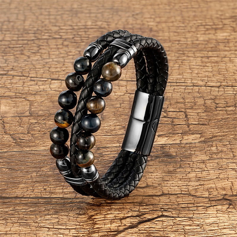 Bracciale in pelle con perle di lapislazzuli, occhio di tigre, ematite, pietra lavica, onice nero e Buddha Stones. - Occhio di tigre nera - 18-22 cm - image 9
