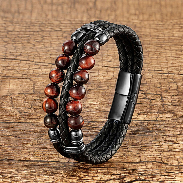 Bracciale in pelle con perle di lapislazzuli, occhio di tigre, ematite, pietra lavica, onice nero e Buddha Stones. - Occhio di tigre rosso marrone - 18-22 cm - image 10