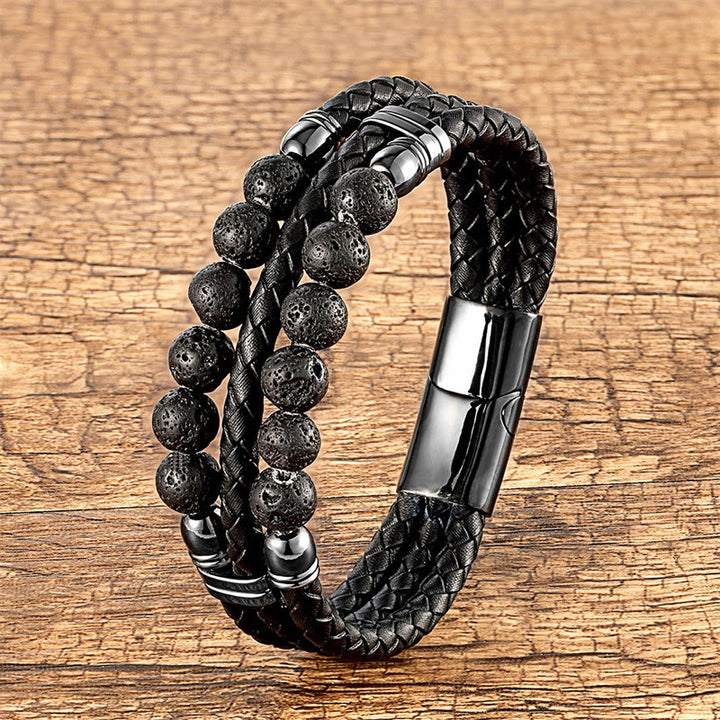 Bracciale in pelle con perle di lapislazzuli, occhio di tigre, ematite, pietra lavica, onice nero e Buddha Stones. - Roccia lavica - 18-22 cm - image 11