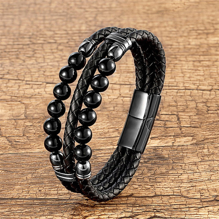 Bracciale in pelle con perle di lapislazzuli, occhio di tigre, ematite, pietra lavica, onice nero e Buddha Stones. - Onice Nero - 18-22 cm - image 13