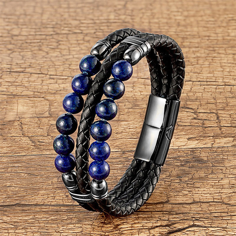 Bracciale in pelle con perle di lapislazzuli, occhio di tigre, ematite, pietra lavica, onice nero e Buddha Stones. - Lazurite - 18-22 cm - image 17