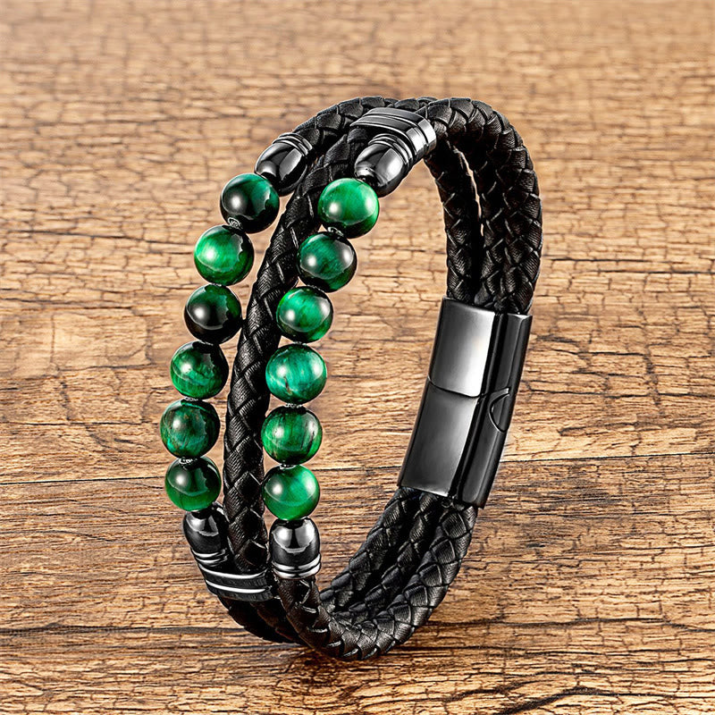 Bracciale in pelle con perle di lapislazzuli, occhio di tigre, ematite, pietra lavica, onice nero e Buddha Stones. - Occhio di tigre verde - 18-22 cm - image 15