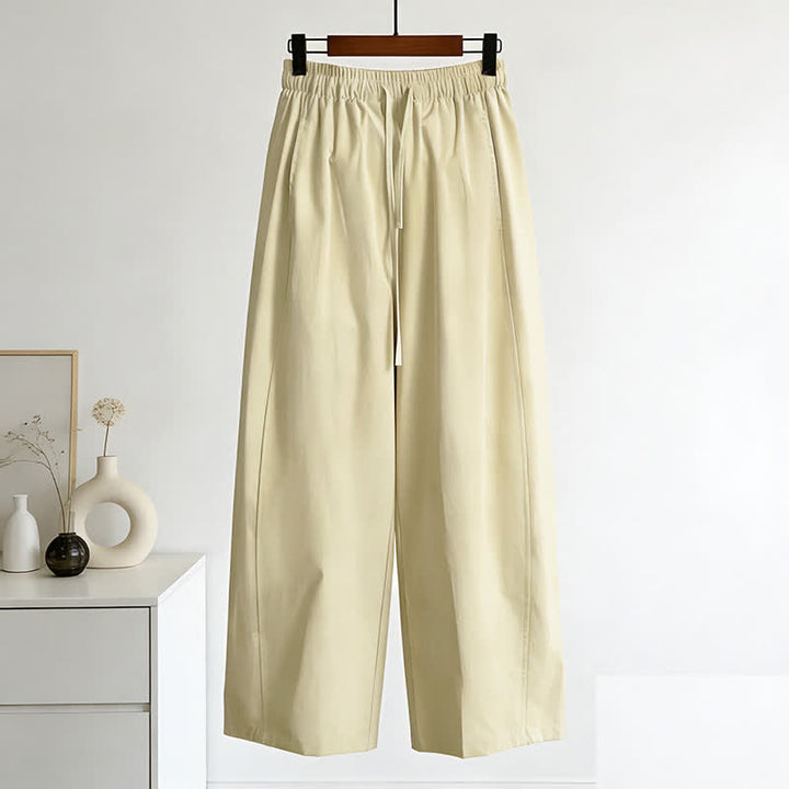 Buddha Stones Pantaloni estivi minimalisti da donna a gamba larga con coulisse e tasche, tinta unita. - Verga d'oro pallida - US8-10, UK/AU12-14, EU40-42 (2XL) - image 0