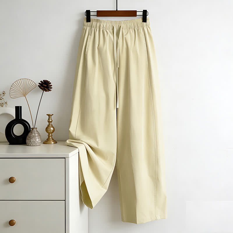 Buddha Stones Pantaloni estivi minimalisti da donna a gamba larga con coulisse e tasche, tinta unita. - image 1