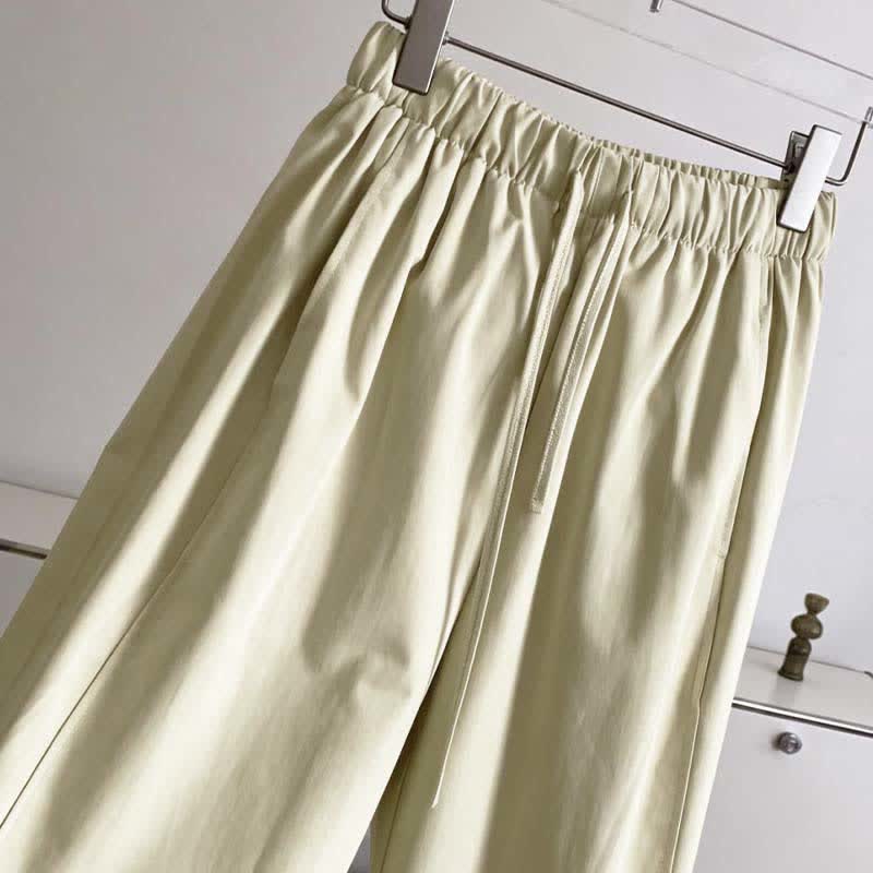 Buddha Stones Pantaloni estivi minimalisti da donna a gamba larga con coulisse e tasche, tinta unita. - image 4