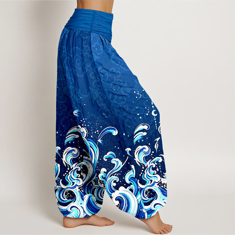 Buddha Stones Pantaloni harem da donna in puro cotone con motivo sfumato a onde oceaniche e vita elasticizzata. - image 1