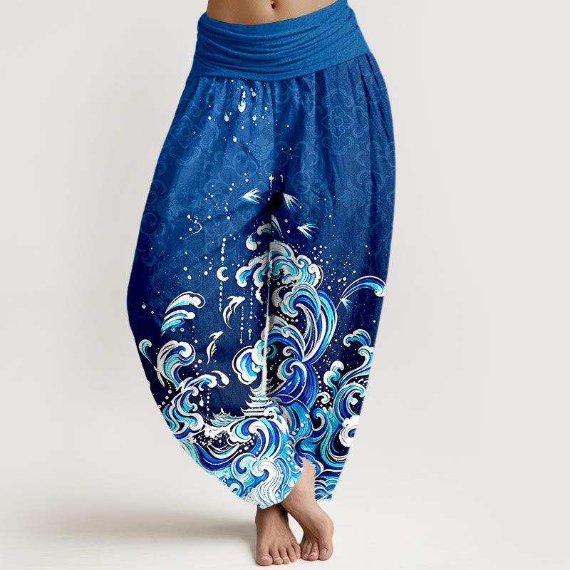 Buddha Stones Pantaloni harem da donna in puro cotone con motivo sfumato a onde oceaniche e vita elasticizzata. - Blu reale - US16, UK/AU20, EU48 (3XL) - image 0