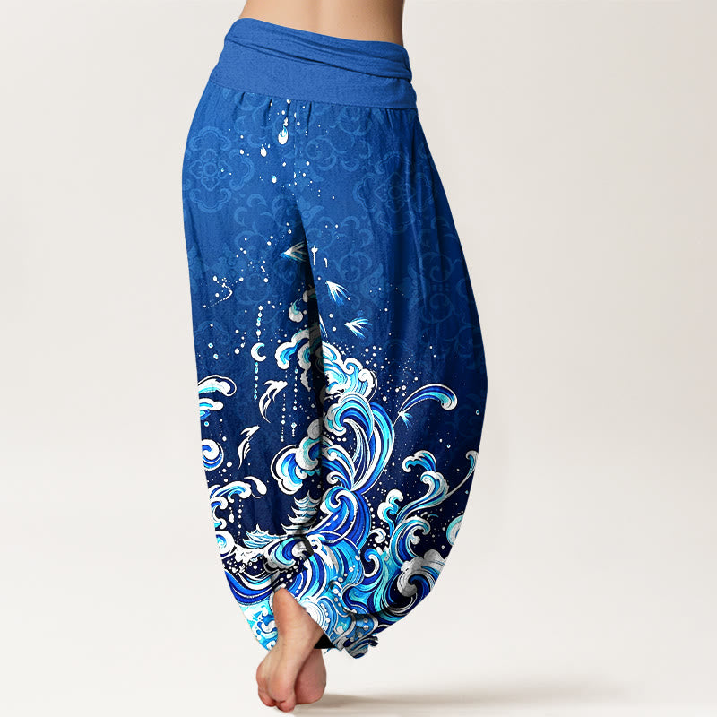 Buddha Stones Pantaloni harem da donna in puro cotone con motivo sfumato a onde oceaniche e vita elasticizzata. - image 2