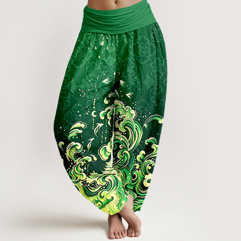 Buddha Stones Pantaloni harem da donna in puro cotone con motivo sfumato a onde oceaniche e vita elasticizzata. - Verde studentesco - US16, UK/AU20, EU48 (3XL) - image 5