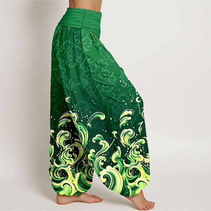 Buddha Stones Pantaloni harem da donna in puro cotone con motivo sfumato a onde oceaniche e vita elasticizzata. - image 6