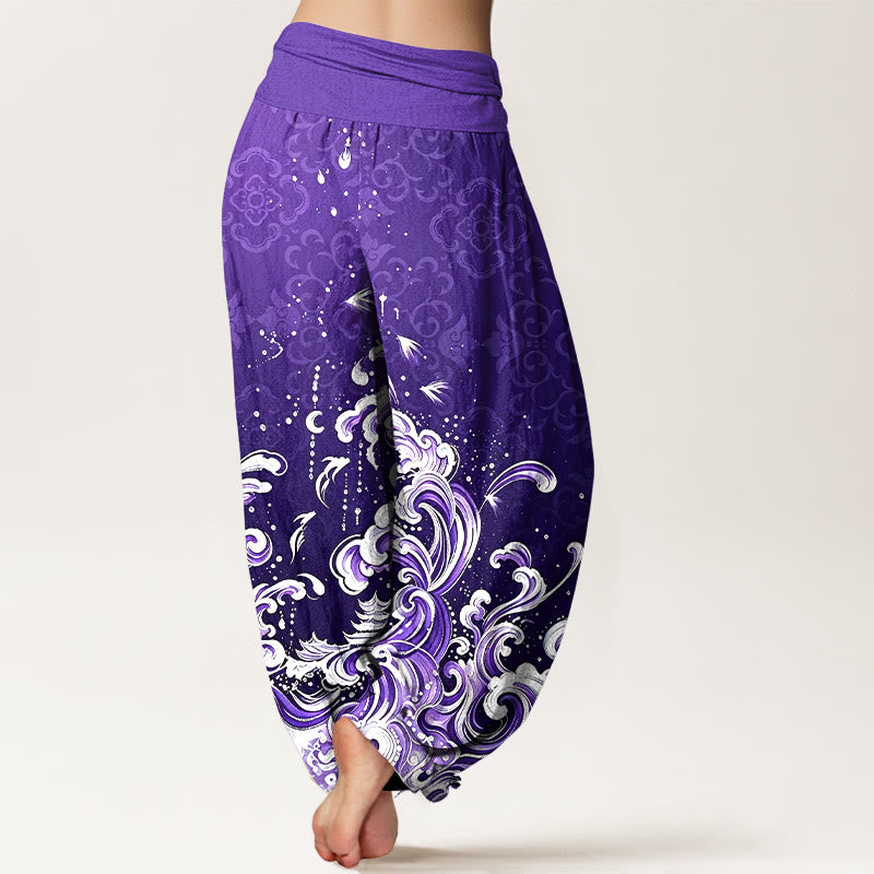 Buddha Stones Pantaloni harem da donna in puro cotone con motivo sfumato a onde oceaniche e vita elasticizzata. - image 10