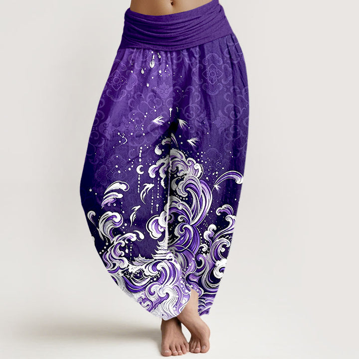 Buddha Stones Pantaloni harem da donna in puro cotone con motivo sfumato a onde oceaniche e vita elasticizzata. - Viola - US16, UK/AU20, EU48 (3XL) - image 8