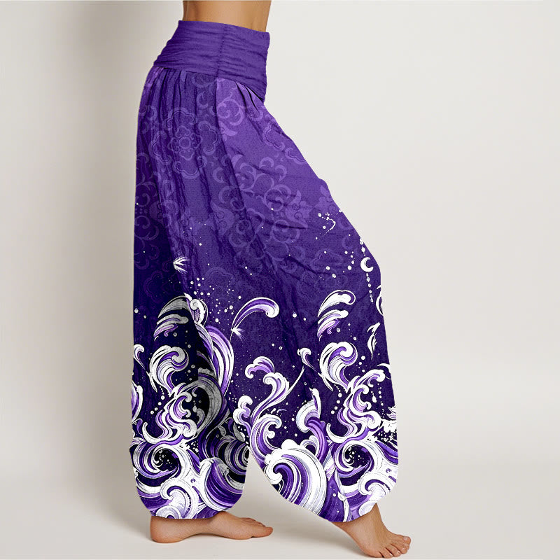 Buddha Stones Pantaloni harem da donna in puro cotone con motivo sfumato a onde oceaniche e vita elasticizzata. - image 9