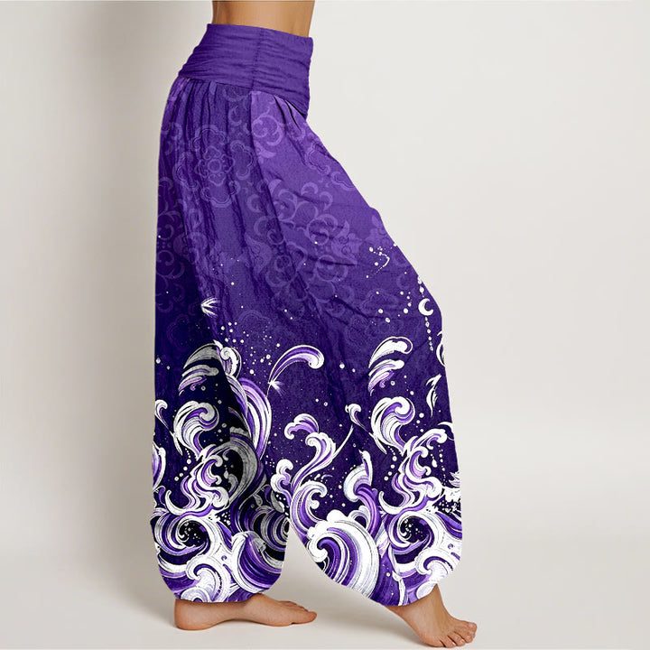 Buddha Stones Pantaloni harem da donna in puro cotone con motivo sfumato a onde oceaniche e vita elasticizzata. - image 9