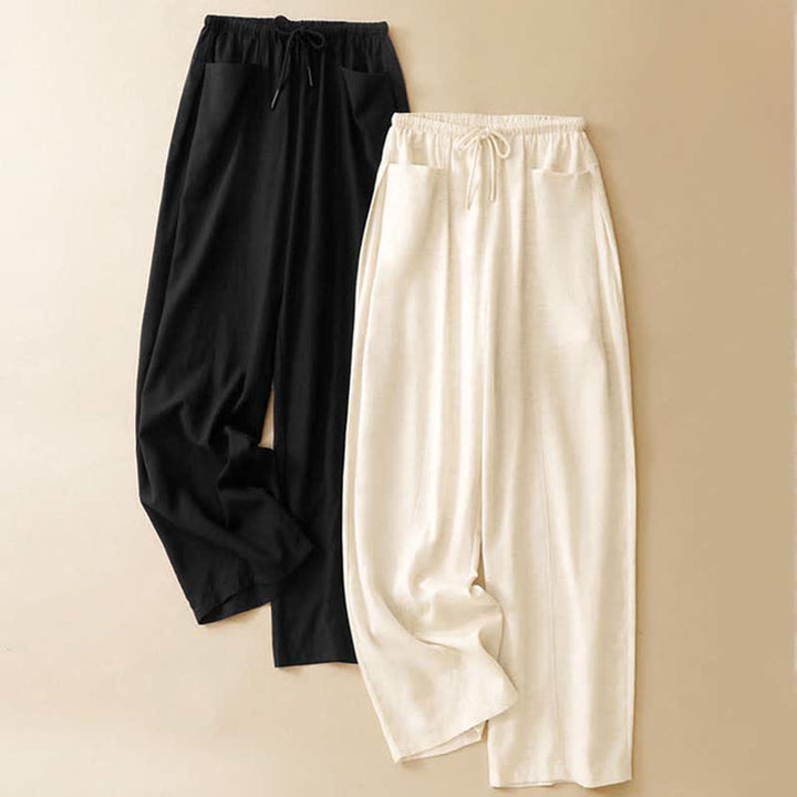 Buddha Stones Pantaloni dritti da donna estivi minimalisti con coulisse e tasche. - image 13