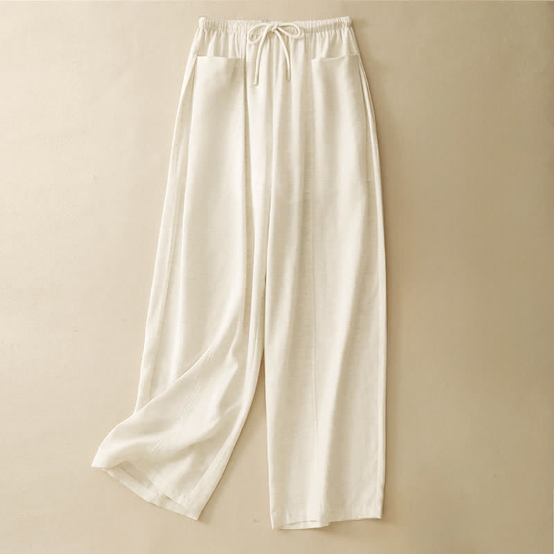 Buddha Stones Pantaloni dritti da donna estivi minimalisti con coulisse e tasche. - Biancheria - US8-10, UK/AU12-14, EU40-42 (2XL) - image 0