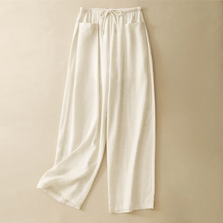 Buddha Stones Pantaloni dritti da donna estivi minimalisti con coulisse e tasche. - Biancheria - US8-10, UK/AU12-14, EU40-42 (2XL) - image 0