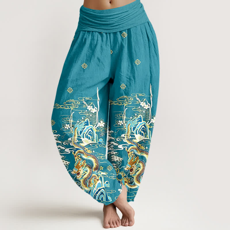 Buddha Stones Pantaloni harem da donna in puro cotone con motivo a onde e nuvole di drago, con elastico in vita. - Turchese - US16, UK/AU20, EU48 (3XL) - image 0