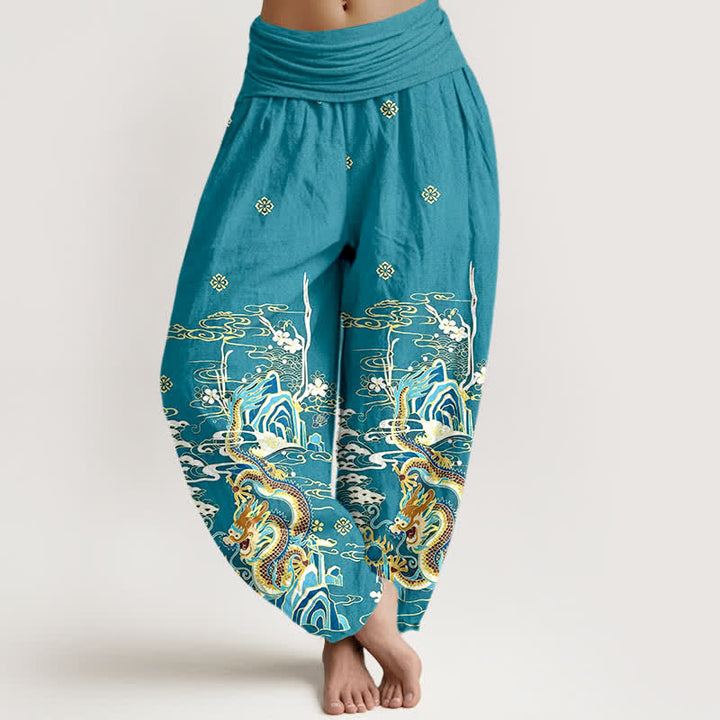 Buddha Stones Pantaloni harem da donna in puro cotone con motivo a onde e nuvole di drago, con elastico in vita. - Turchese - US16, UK/AU20, EU48 (3XL) - image 0