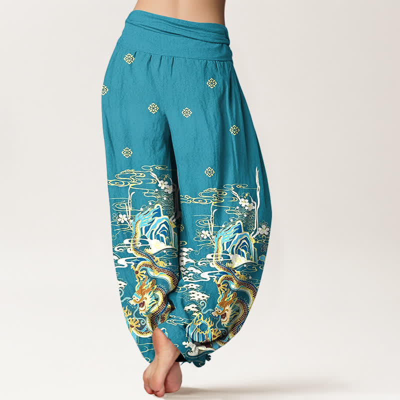 Buddha Stones Pantaloni harem da donna in puro cotone con motivo a onde e nuvole di drago, con elastico in vita. - image 1