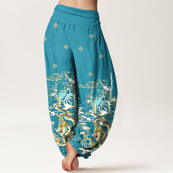 Buddha Stones Pantaloni harem da donna in puro cotone con motivo a onde e nuvole di drago, con elastico in vita. - image 1