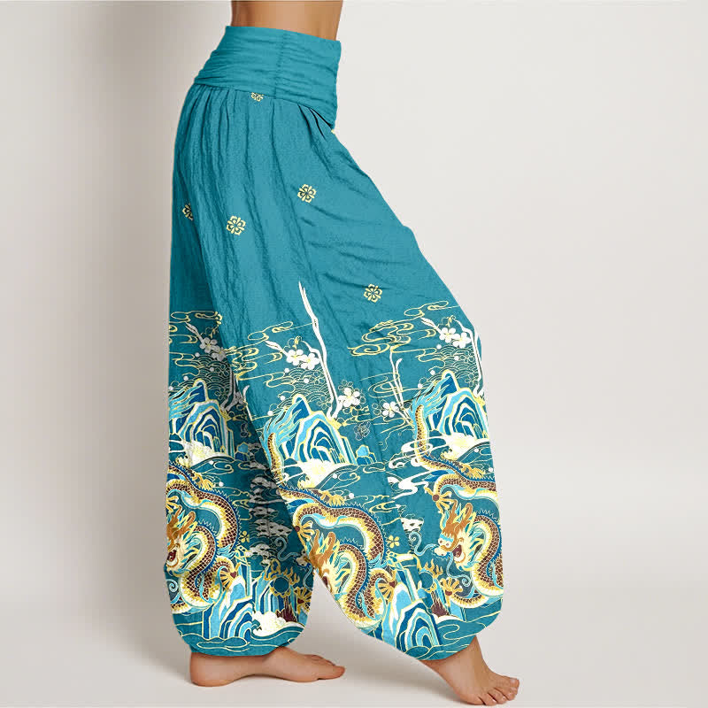 Buddha Stones Pantaloni harem da donna in puro cotone con motivo a onde e nuvole di drago, con elastico in vita. - image 2