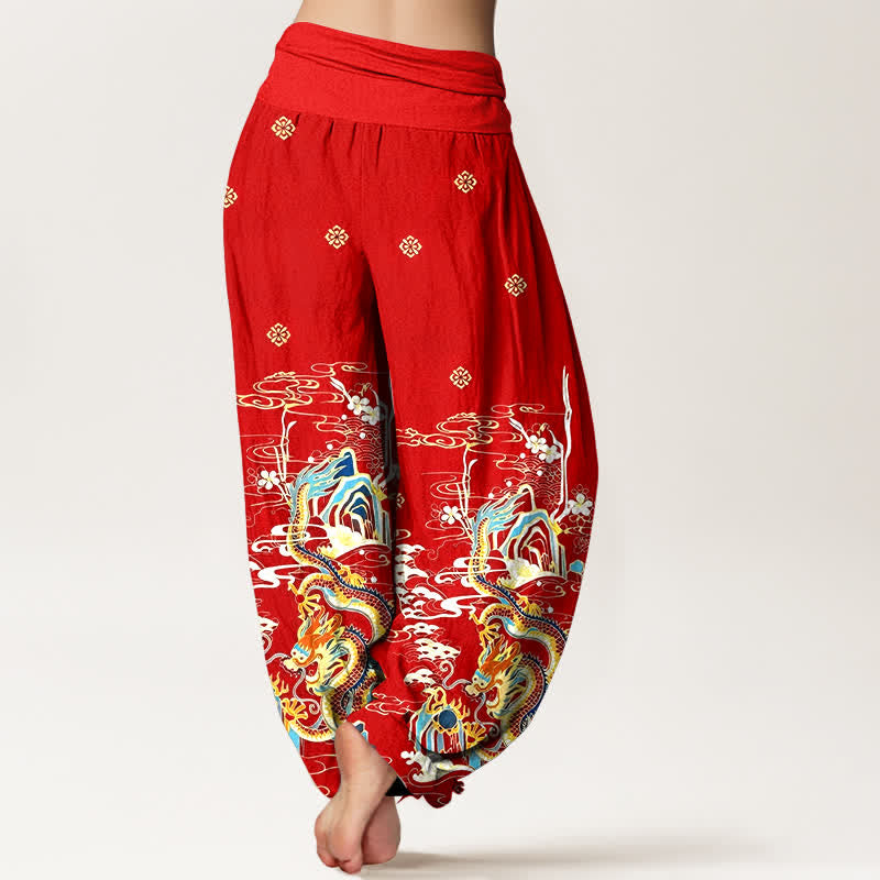 Buddha Stones Pantaloni harem da donna in puro cotone con motivo a onde e nuvole di drago, con elastico in vita. - image 6