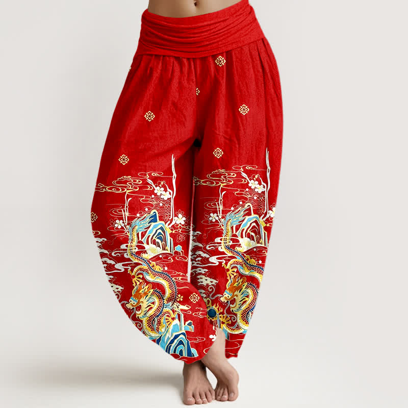Buddha Stones Pantaloni harem da donna in puro cotone con motivo a onde e nuvole di drago, con elastico in vita. - Rosso - US16, UK/AU20, EU48 (3XL) - image 5