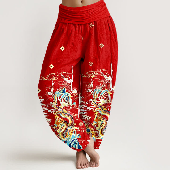 Buddha Stones Pantaloni harem da donna in puro cotone con motivo a onde e nuvole di drago, con elastico in vita. - Rosso - US16, UK/AU20, EU48 (3XL) - image 5