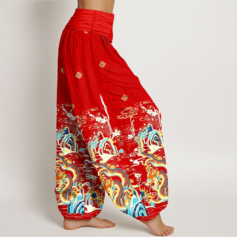 Buddha Stones Pantaloni harem da donna in puro cotone con motivo a onde e nuvole di drago, con elastico in vita. - image 7